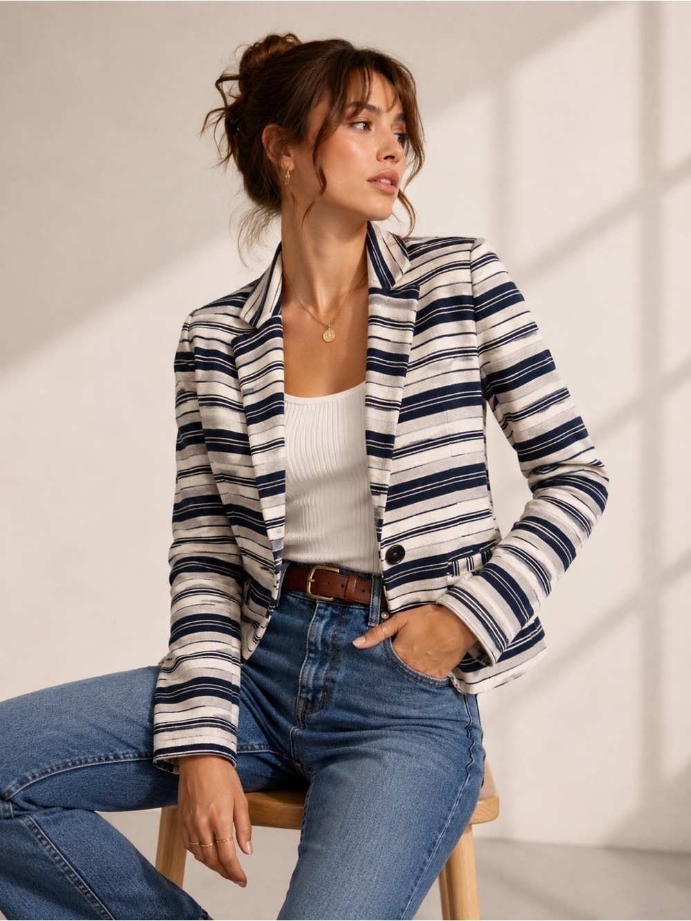 Lucky Brand Navy Cream Striped Blazer Small Nautical Knit Jacket